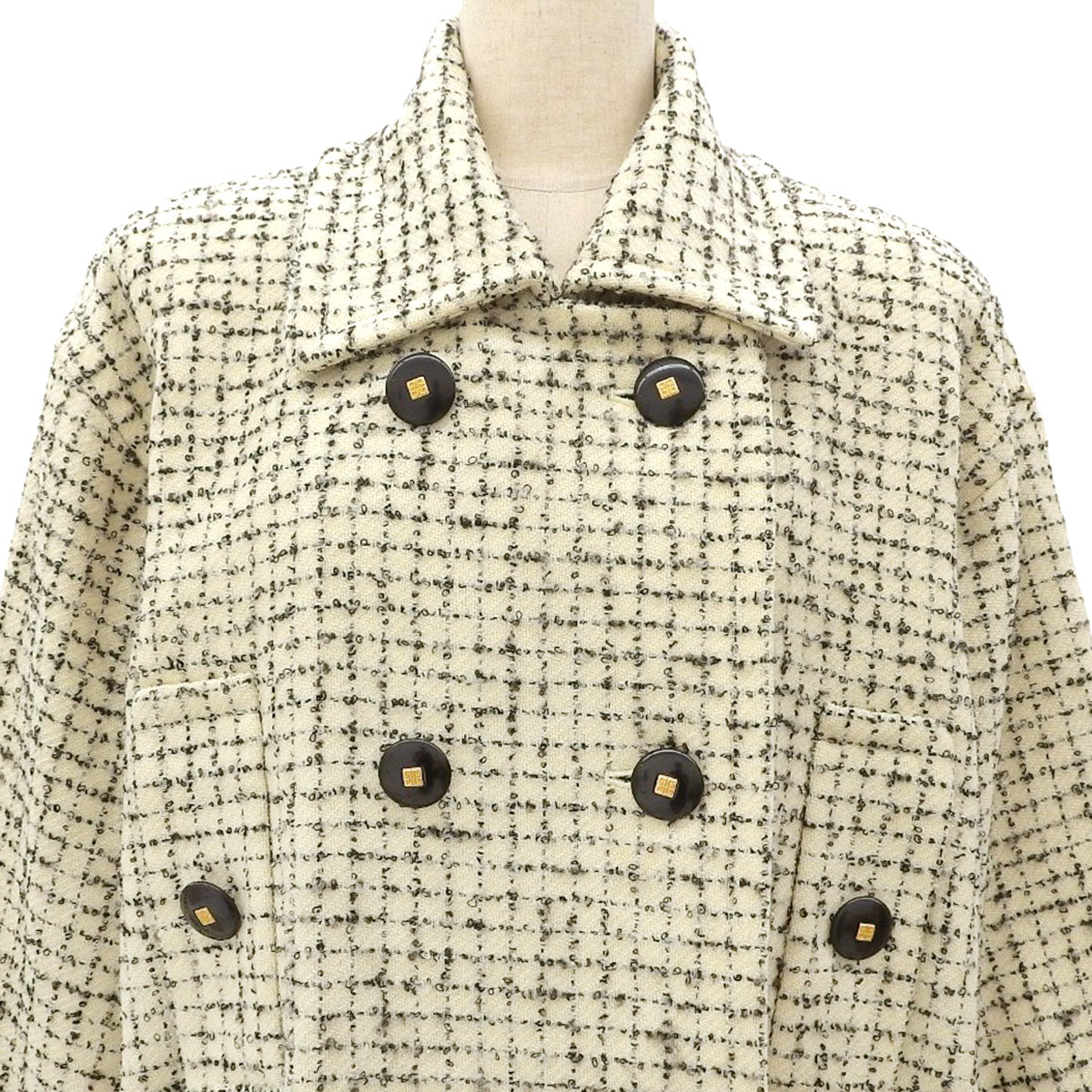 Wool Logo Button Check Double Breasted Coat #8 Ivory/Black