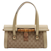 Canvas GG Pattern Bamboo Logo Plate Handbag Beige