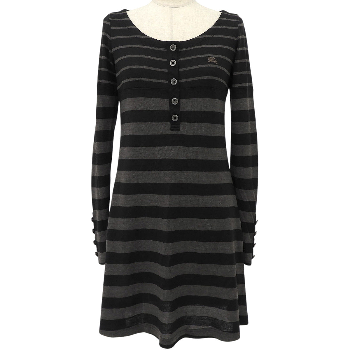 ボーダーパターンロゴボタン長袖ワンピース #38 グレー/ブラック