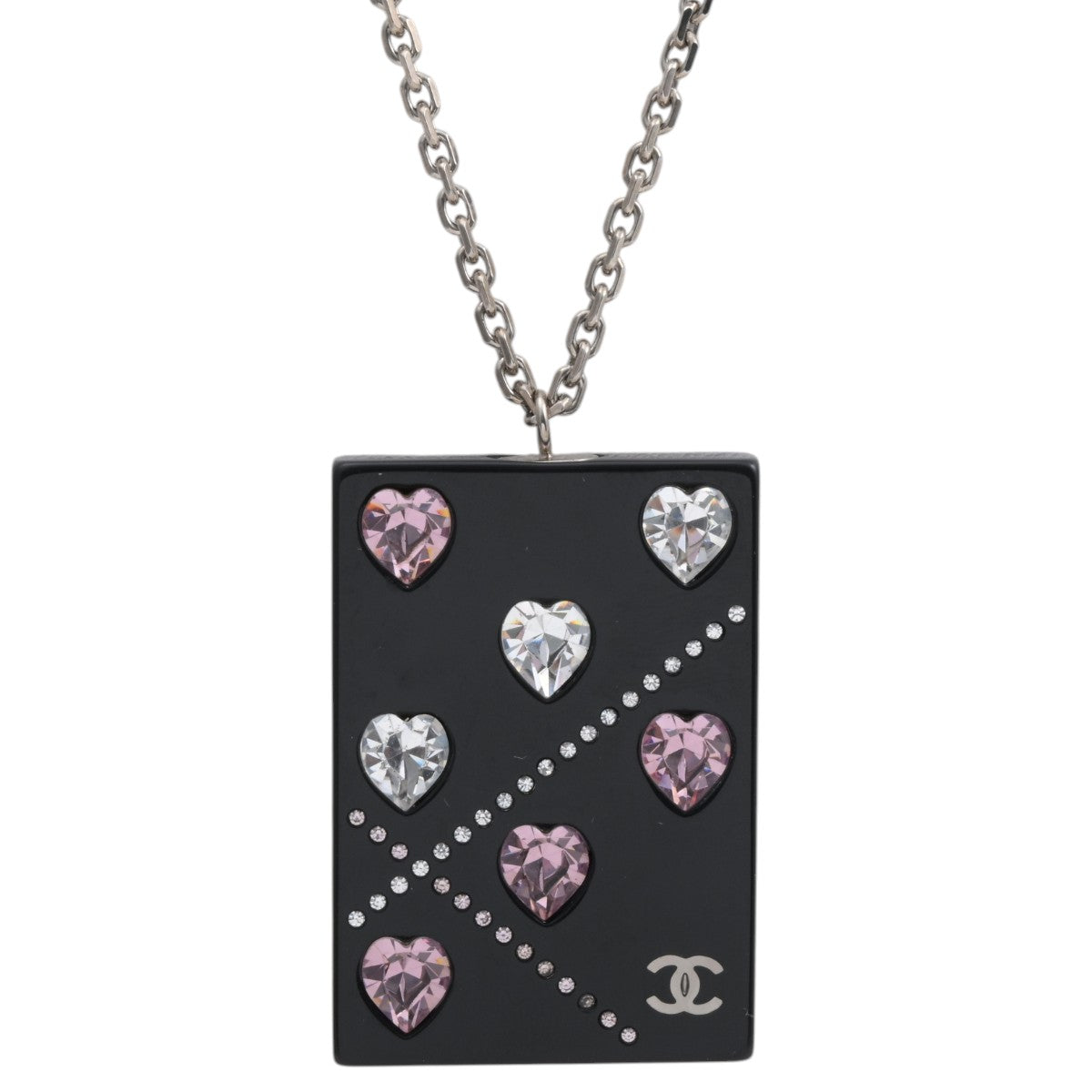 2004 Heart Rhinestone Long Necklace Silver/Black/Pink