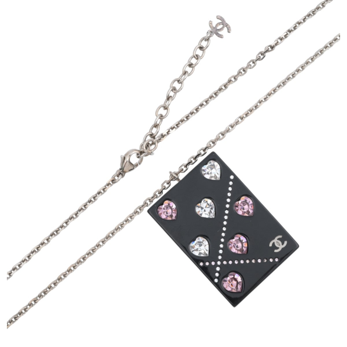 2004 Heart Rhinestone Long Necklace Silver/Black/Pink