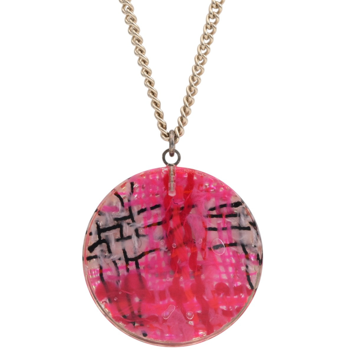 2014 Tweed Motif Circle CC Logo Necklace Gold/Pink