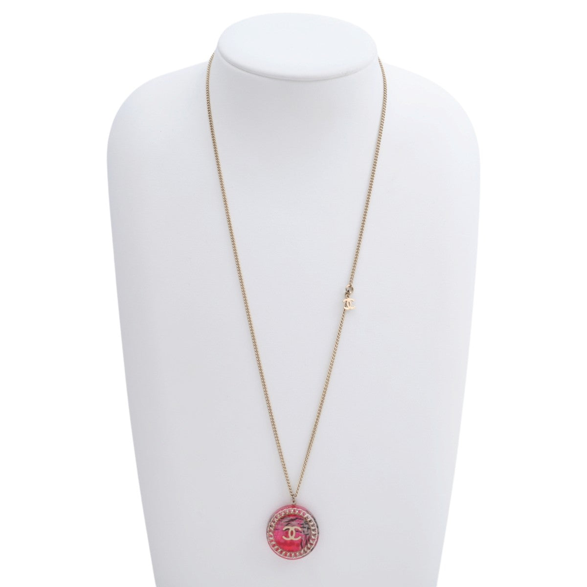 2014 Tweed Motif Circle CC Logo Necklace Gold/Pink