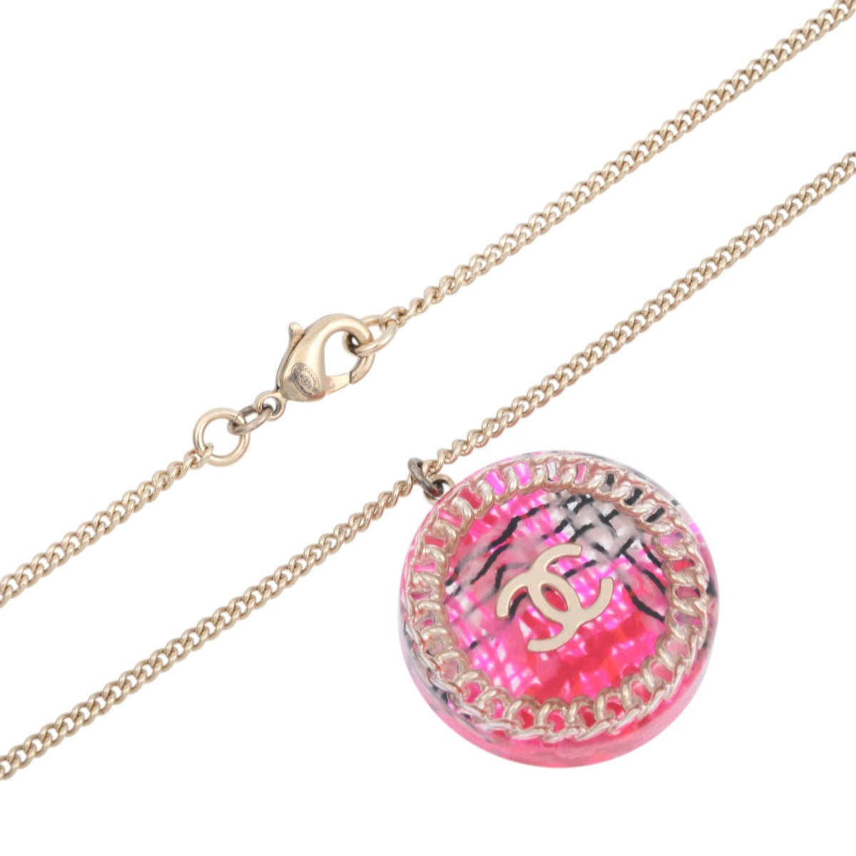 2014 Tweed Motif Circle CC Logo Necklace Gold/Pink