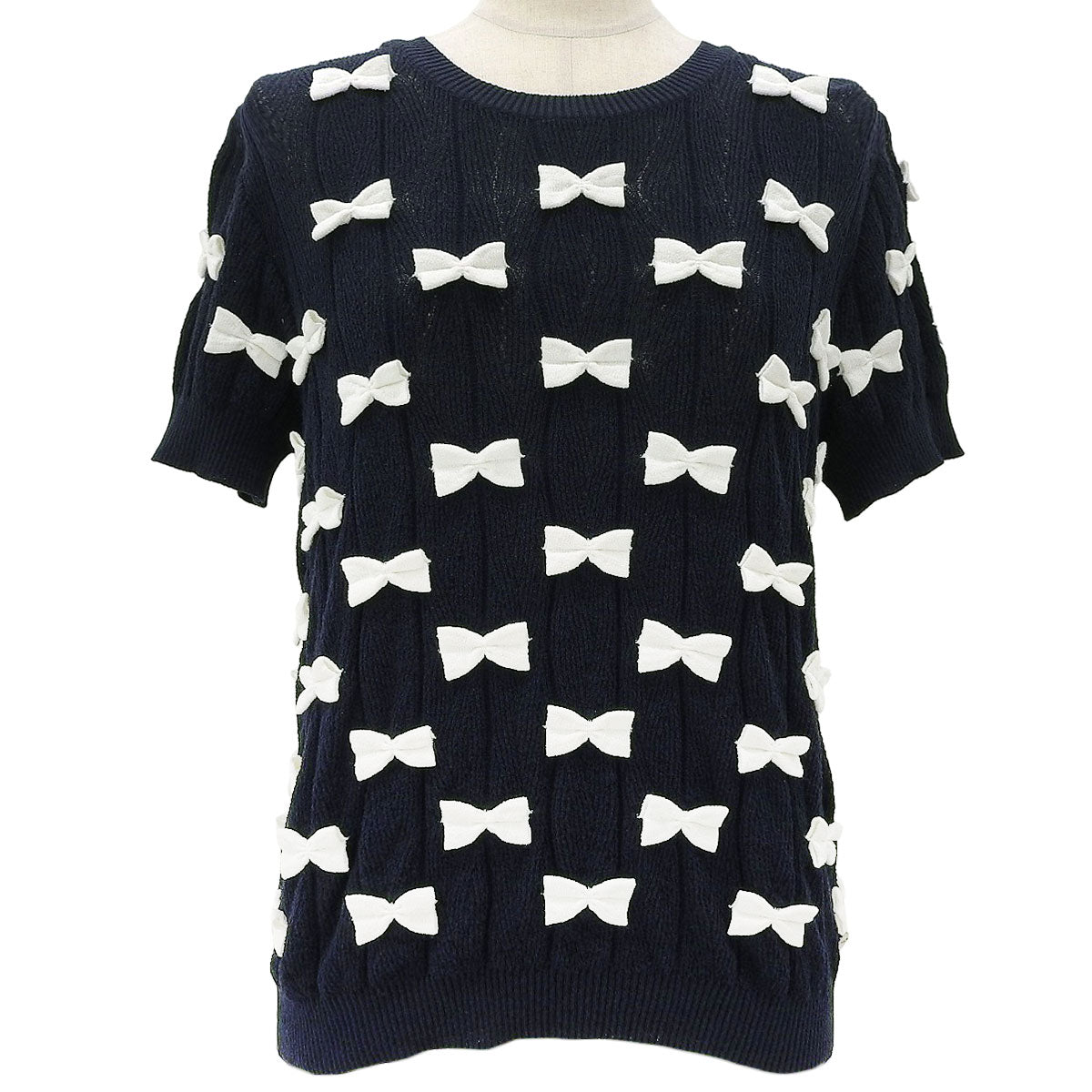 Ribbon motif short-sleeve top #40 Navy