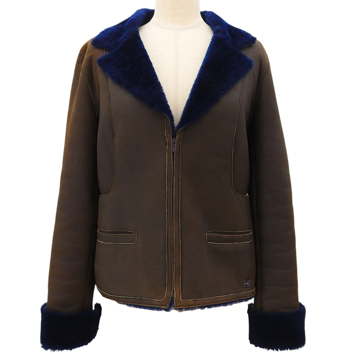 2004 Logo Zip-Up Leather Jacket #38 Brown/Navy