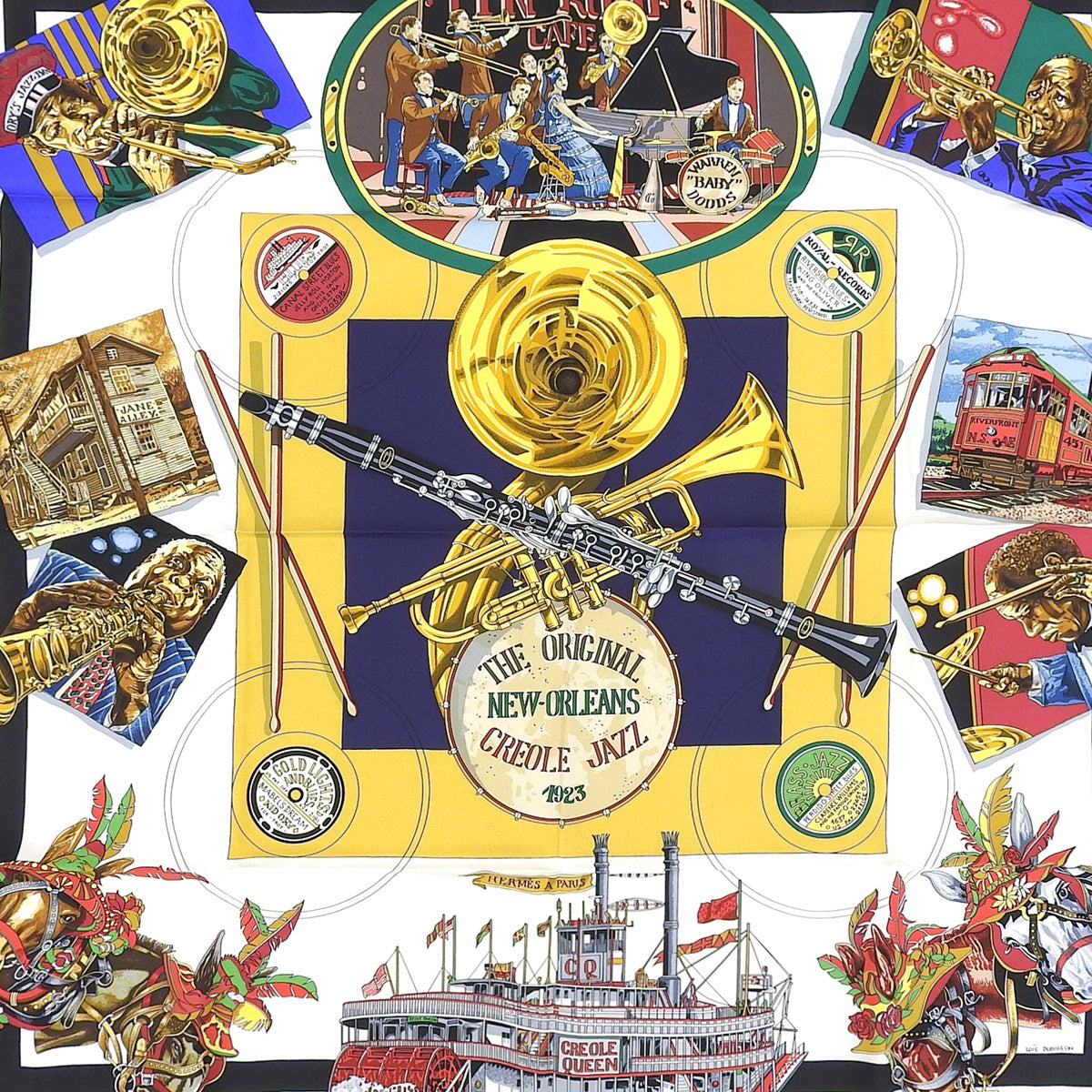 カレ90 NewOrleans Creole Jazzスカーフ ネイビー/ホワイト