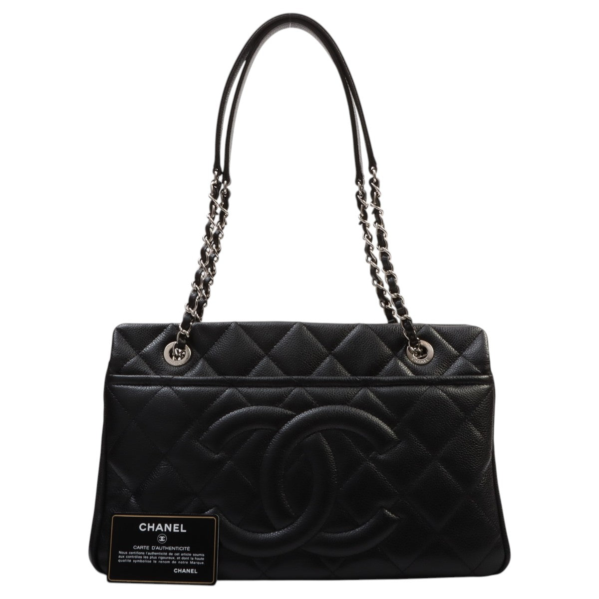 Circa 2014 Caviar Skin CC Logo Stitched Chain Tote Bag Black
