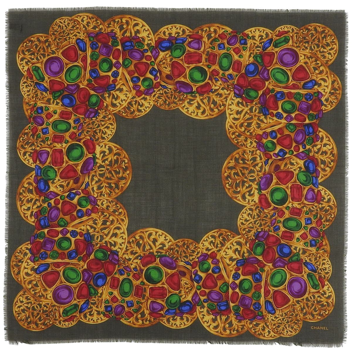 Silk Jewel Pattern Scarf Khaki/Gold/Multi