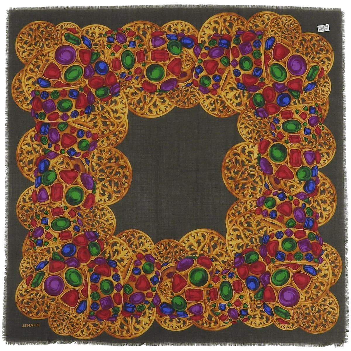 Silk Jewel Pattern Scarf Khaki/Gold/Multi