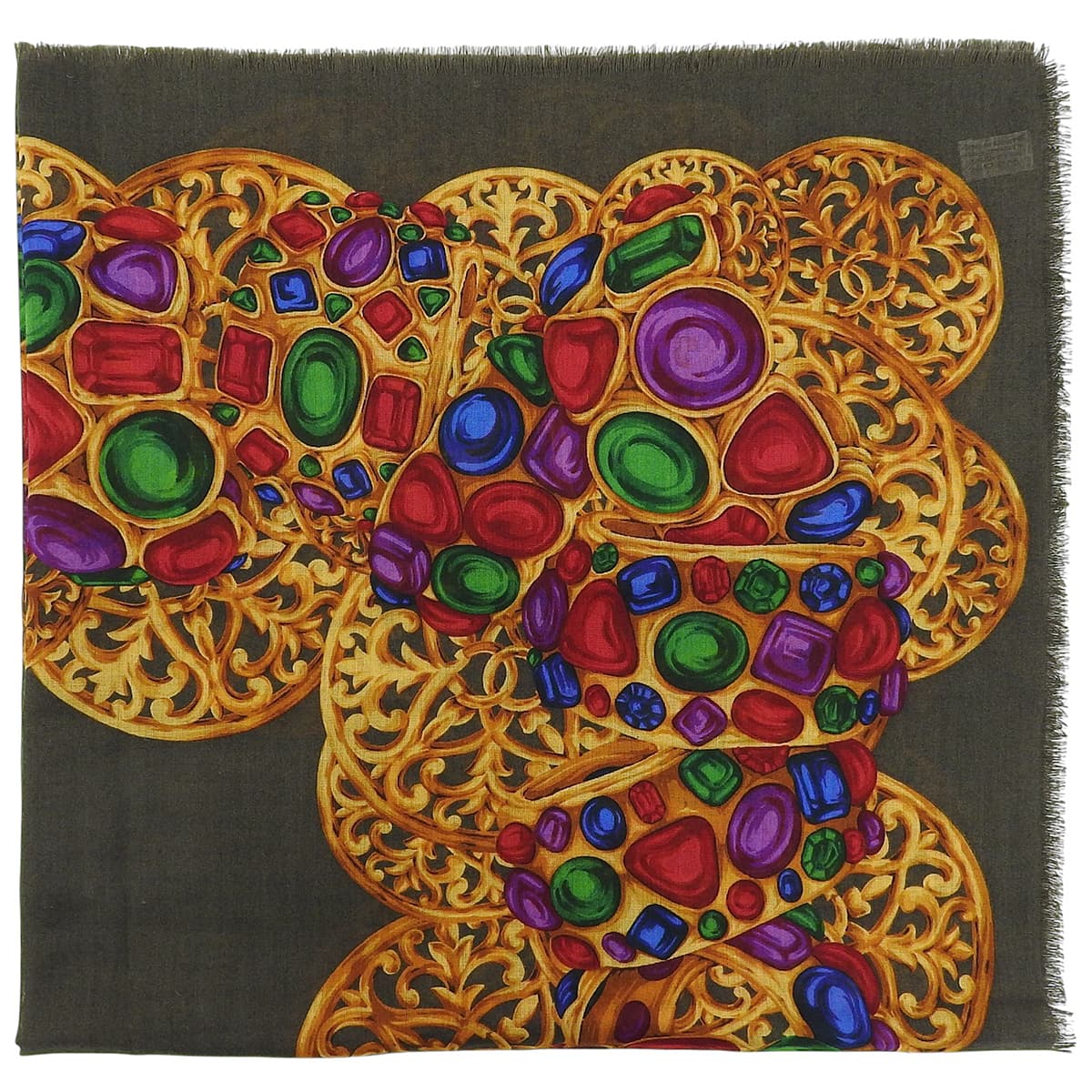 Silk Jewel Pattern Scarf Khaki/Gold/Multi
