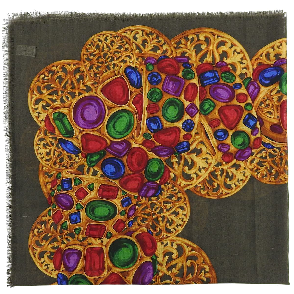 Silk Jewel Pattern Scarf Khaki/Gold/Multi