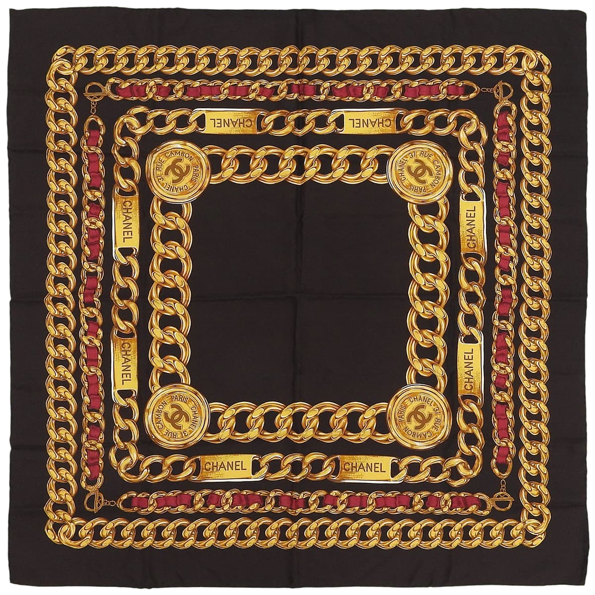 Silk CC Mark Chain Pattern Scarf Dark Brown/Gold/Red
