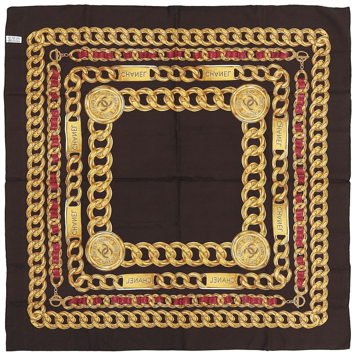 Silk CC Mark Chain Pattern Scarf Dark Brown/Gold/Red