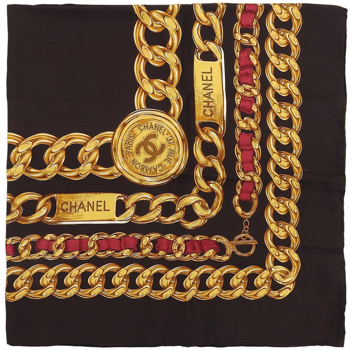 Silk CC Mark Chain Pattern Scarf Dark Brown/Gold/Red