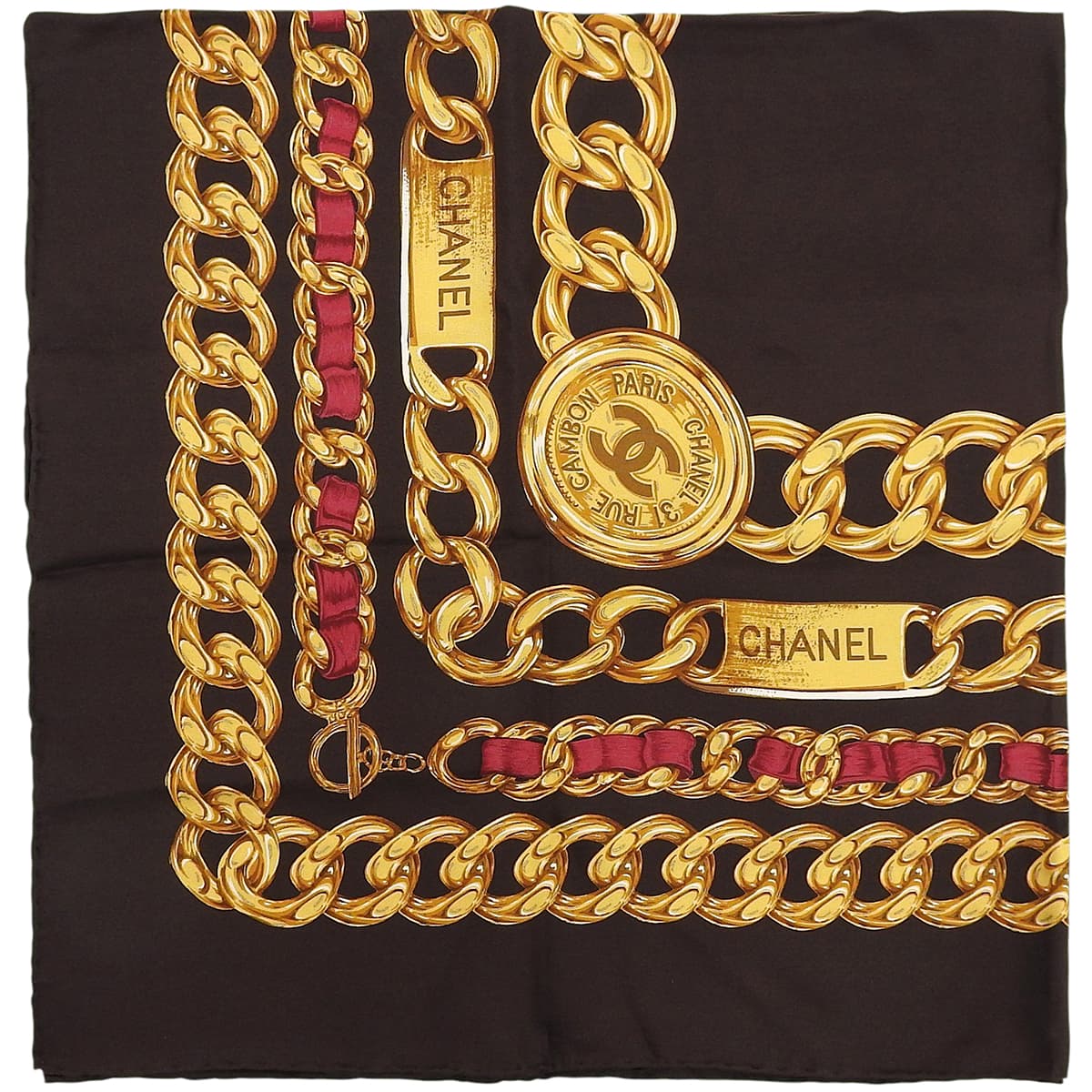 Silk CC Mark Chain Pattern Scarf Dark Brown/Gold/Red