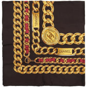 Silk CC Mark Chain Pattern Scarf Dark Brown/Gold/Red
