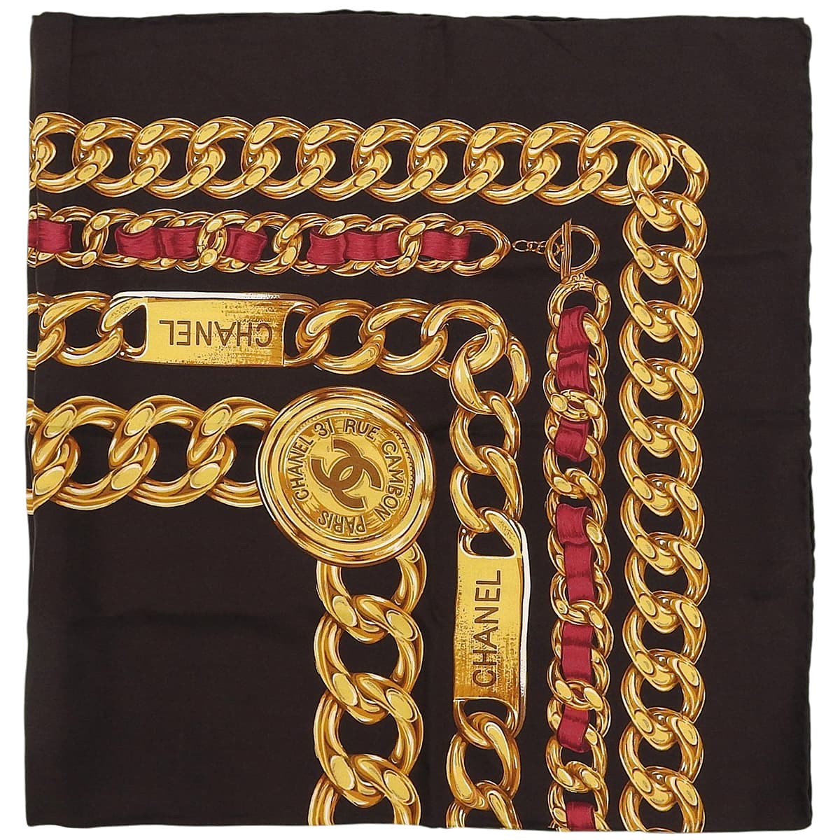 Silk CC Mark Chain Pattern Scarf Dark Brown/Gold/Red