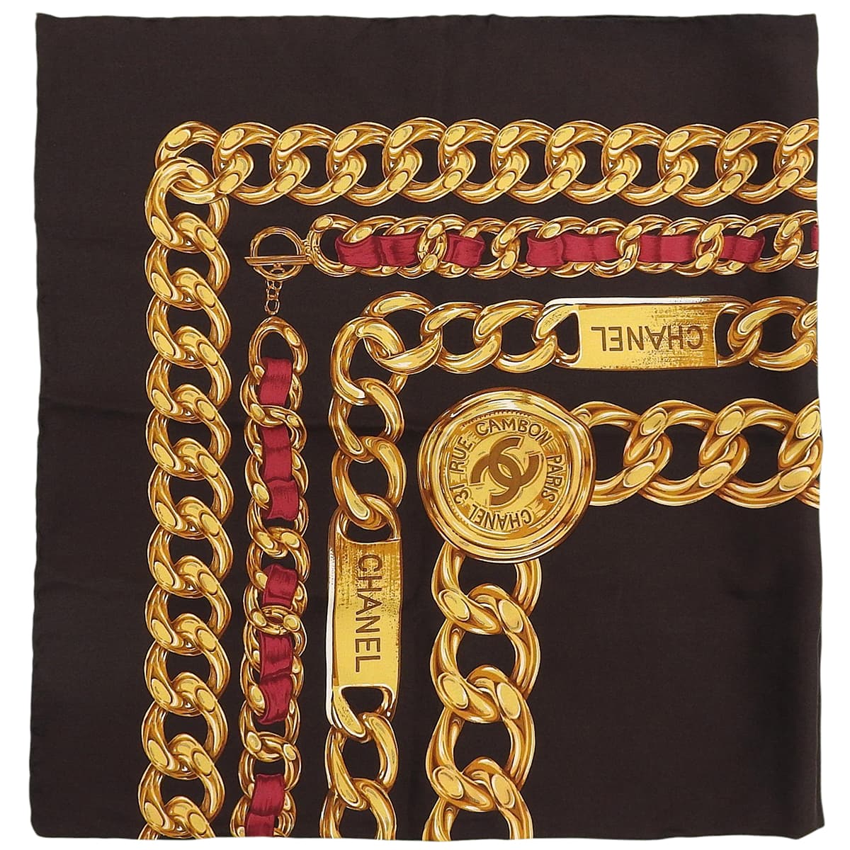 Silk CC Mark Chain Pattern Scarf Dark Brown/Gold/Red