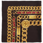 Silk CC Mark Chain Pattern Scarf Dark Brown/Gold/Red