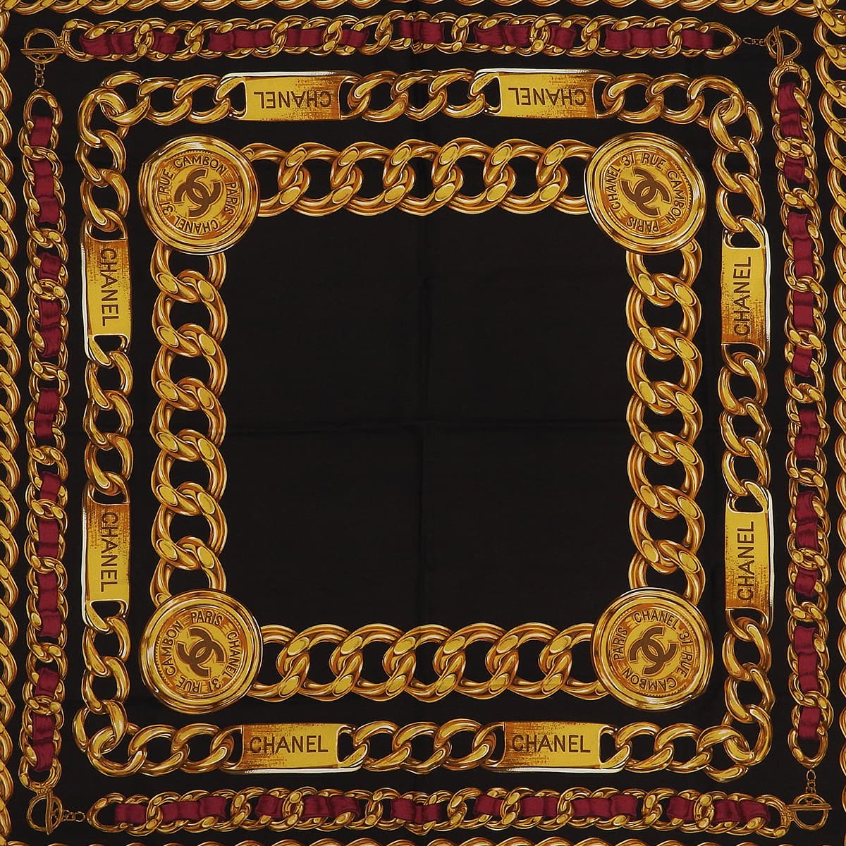 Silk CC Mark Chain Pattern Scarf Dark Brown/Gold/Red