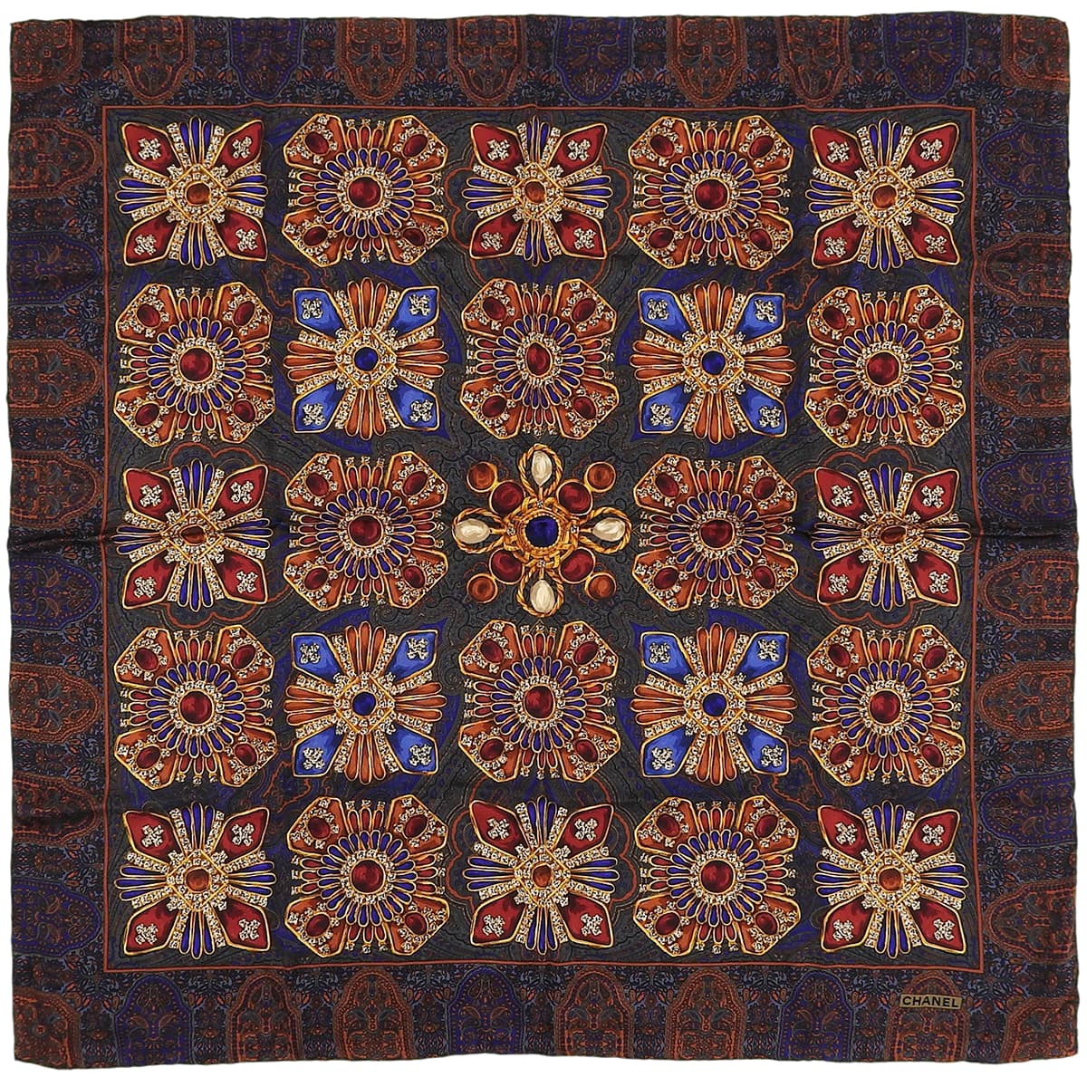 Silk Paisley Jewel Pattern Scarf Blue/Orange/Multi