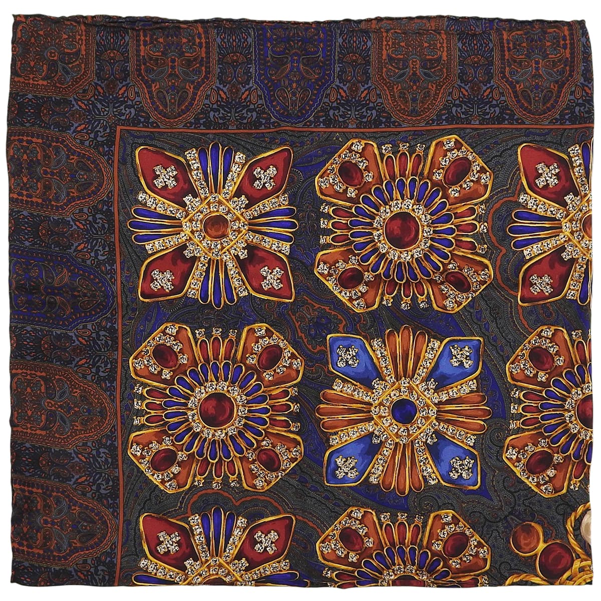 Silk Paisley Jewel Pattern Scarf Blue/Orange/Multi
