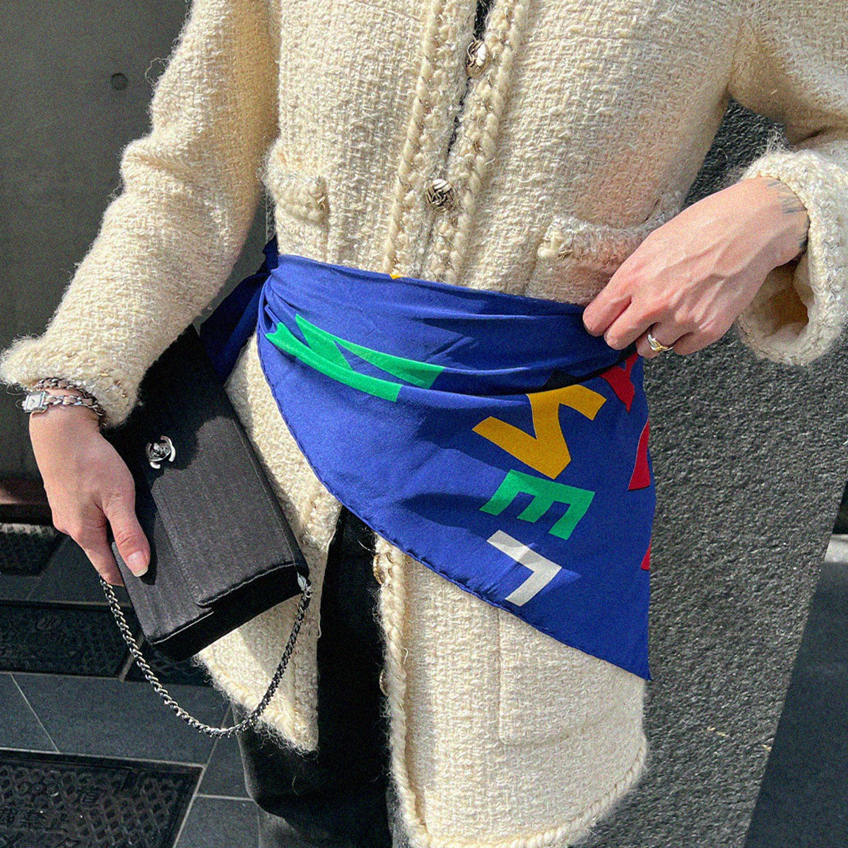 Silk logo-pattern scarf, blue/multi