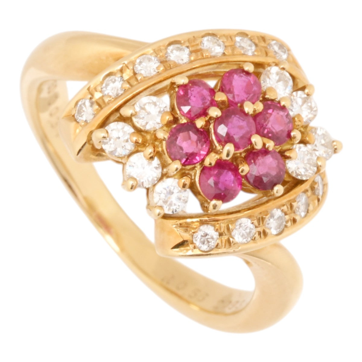 18K Ruby Diamond Flower Design Ring #52 Yellow Gold/Red