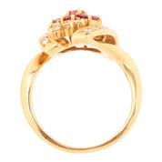18K Ruby Diamond Flower Design Ring #52 Yellow Gold/Red