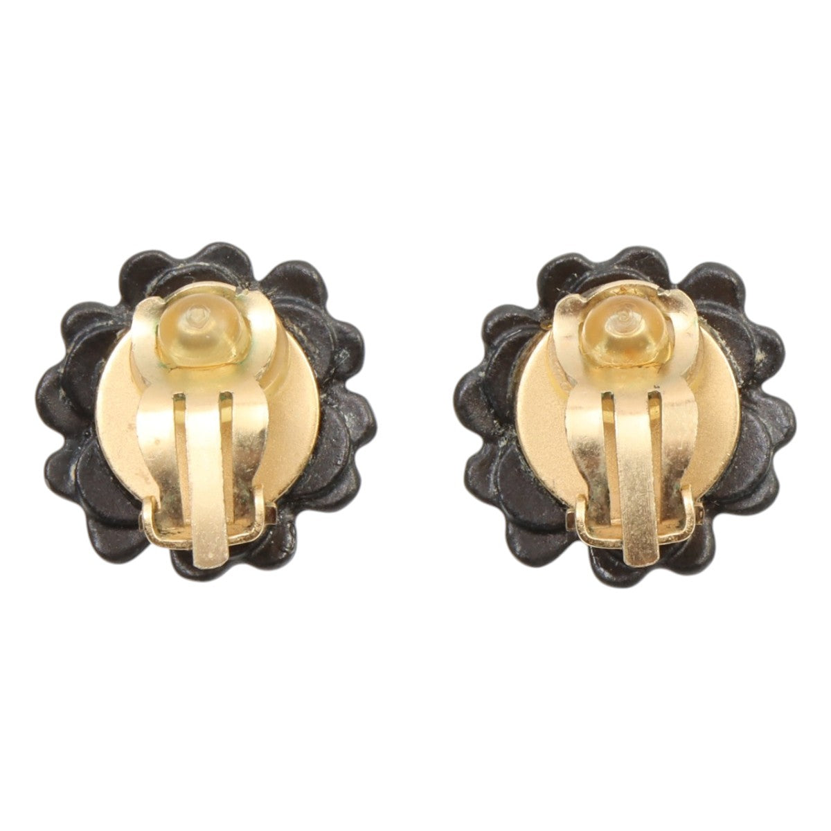 2002 Rhinestone Flower Motif CC Mark Earrings Black/Gold