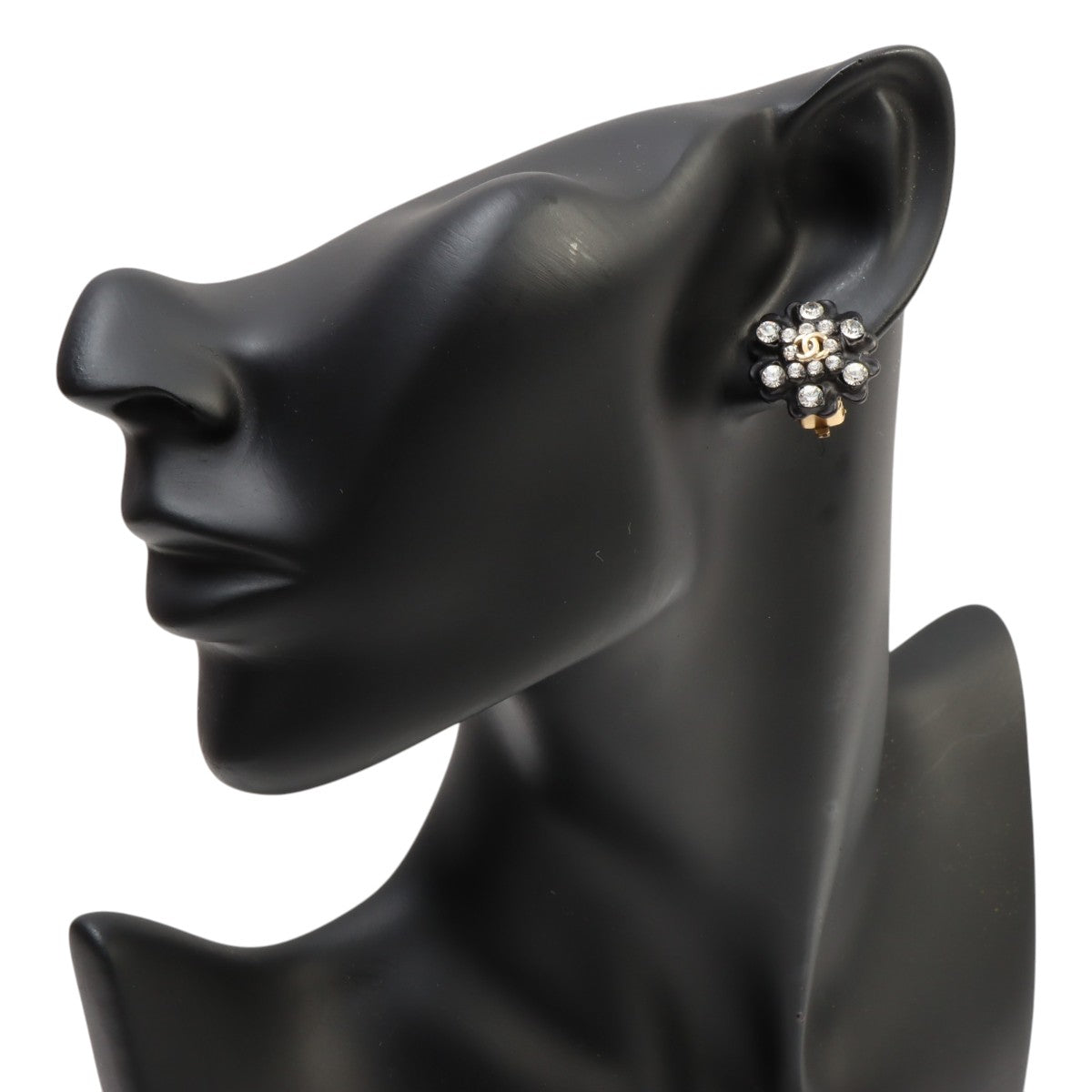 2002 Rhinestone Flower Motif CC Mark Earrings Black/Gold