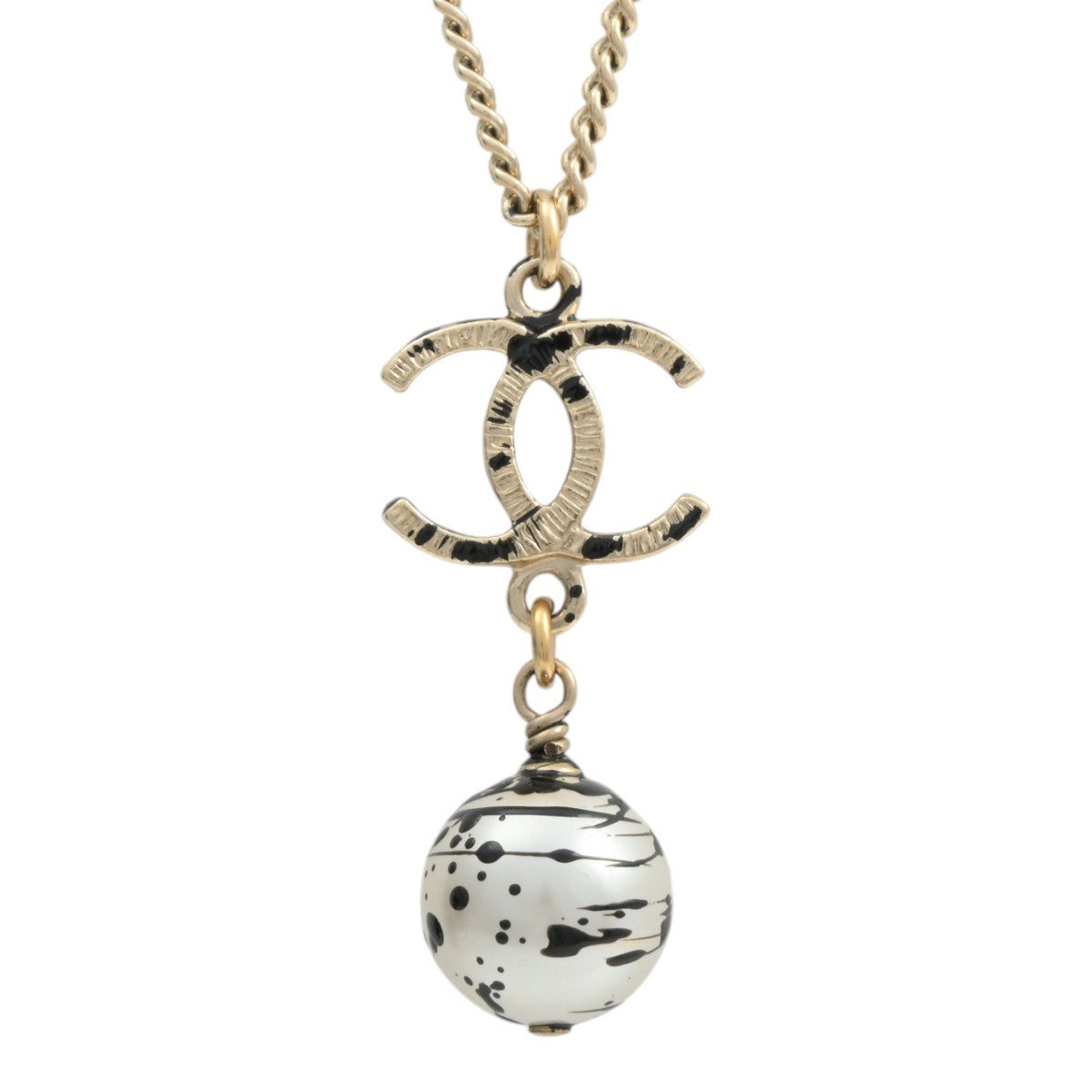 2013 CC Mark Plate Swing Pearl Necklace Gold/Black