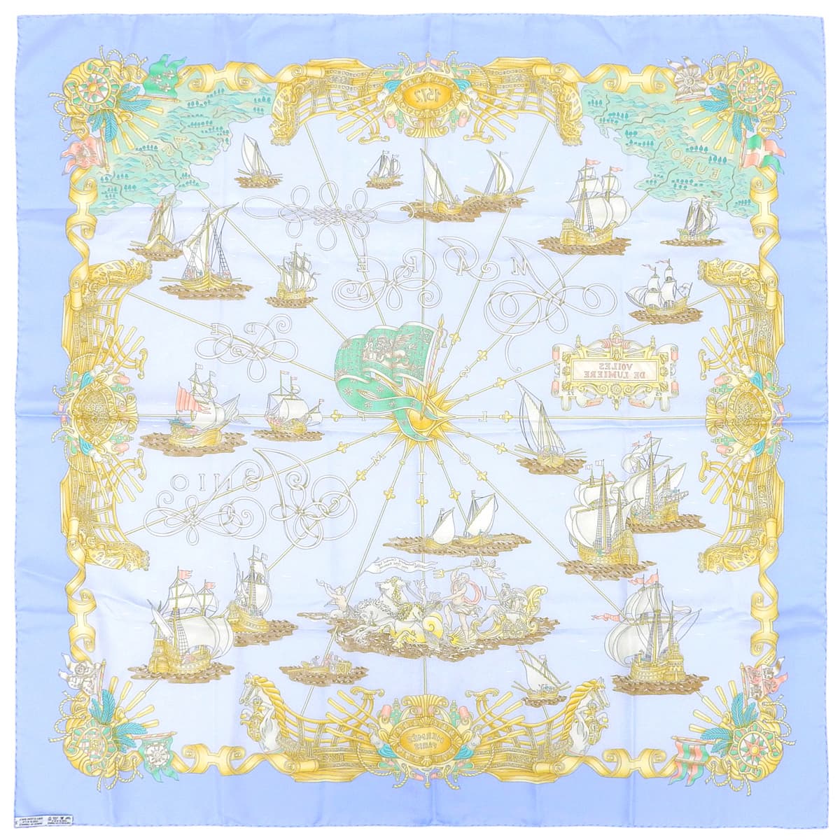 カレ90 Voiles De Lumiereパターンスカーフ アイスブルー/イエロー