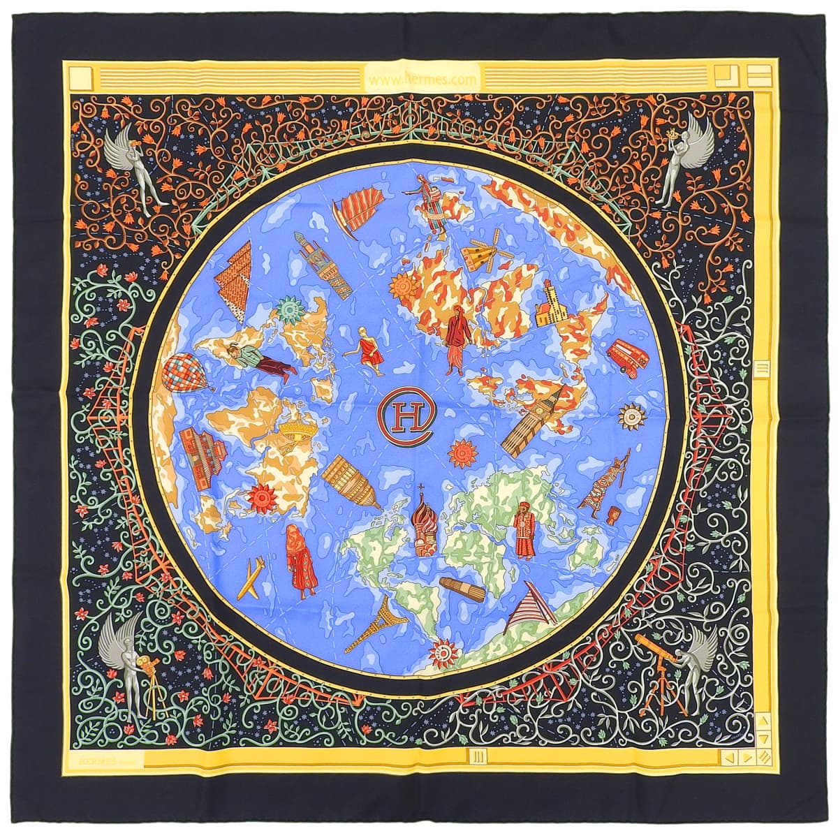 カレ90 www.hermes.comパターンスカーフ ブラック/マルチ