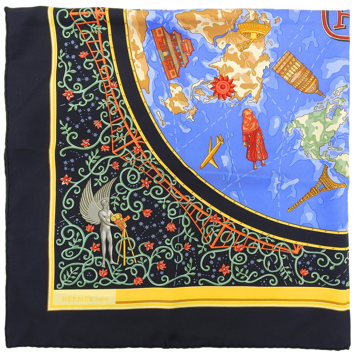 カレ90 www.hermes.comパターンスカーフ ブラック/マルチ