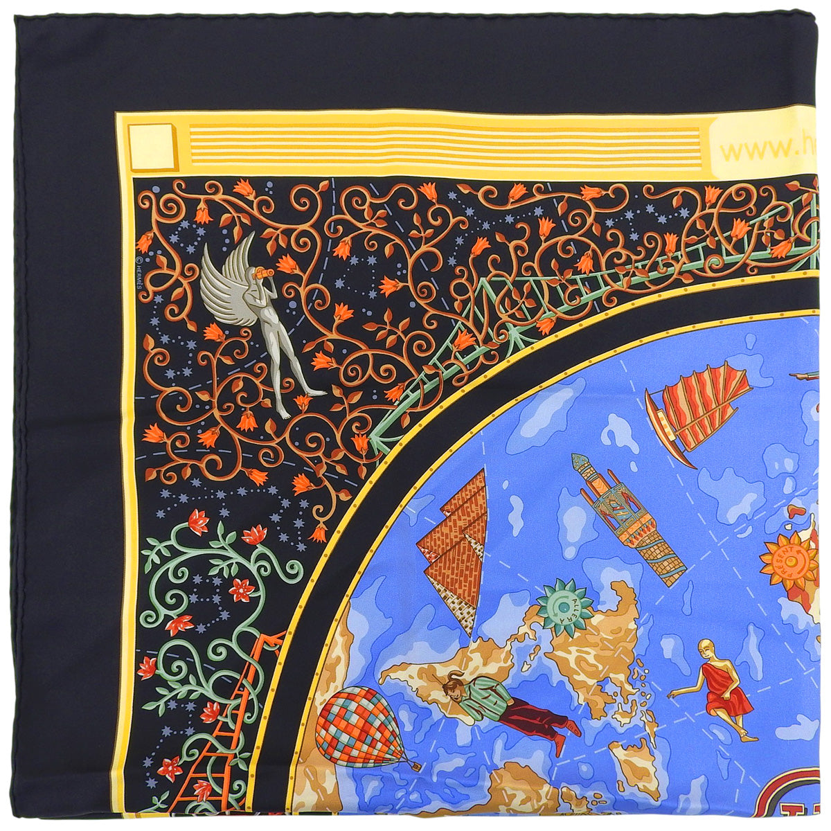 カレ90 www.hermes.comパターンスカーフ ブラック/マルチ