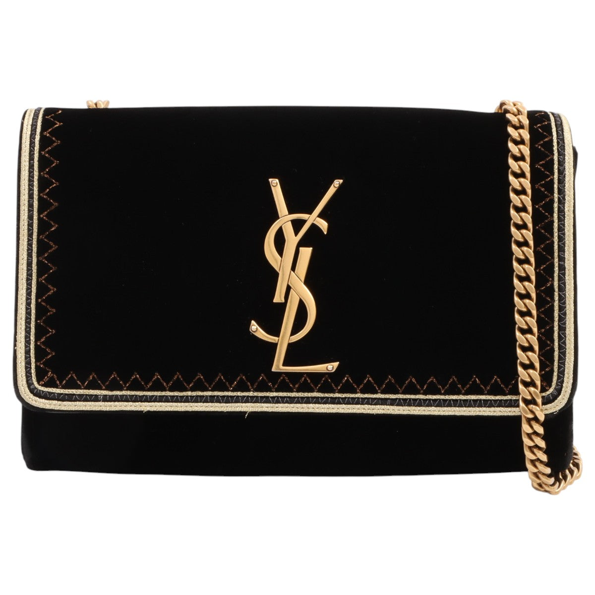 Velour Logo Plate Stitch Design Chain Shoulder Bag Black/Gold