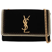 Velour Logo Plate Stitch Design Chain Shoulder Bag Black/Gold