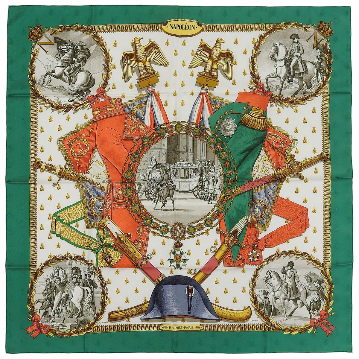 Carré 90 Napoleon Pattern Scarf Green/White
