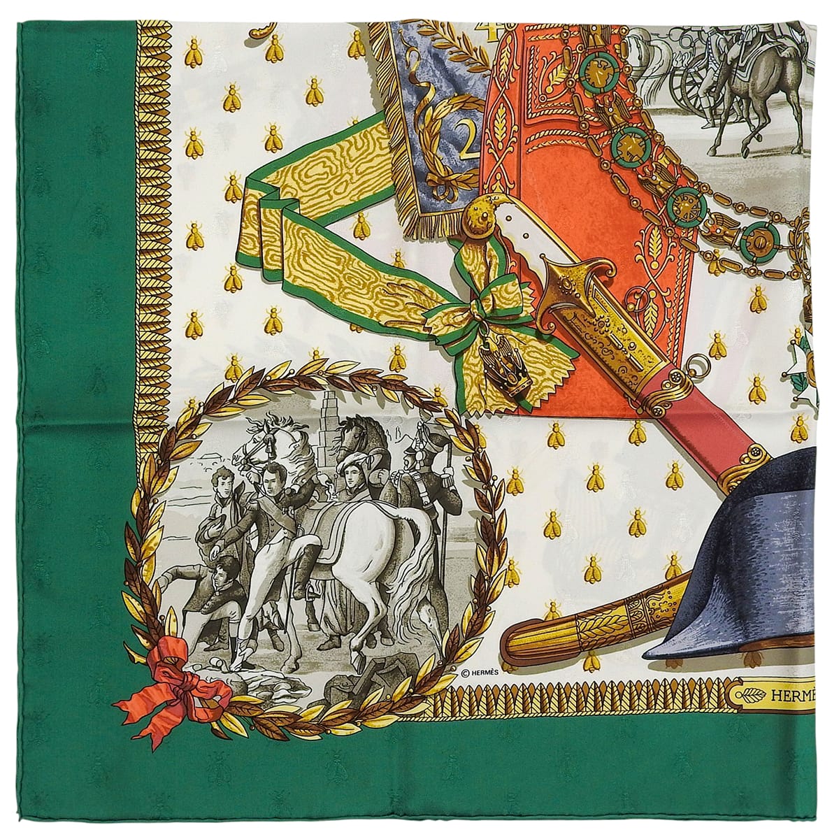 Carré 90 Napoleon Pattern Scarf Green/White