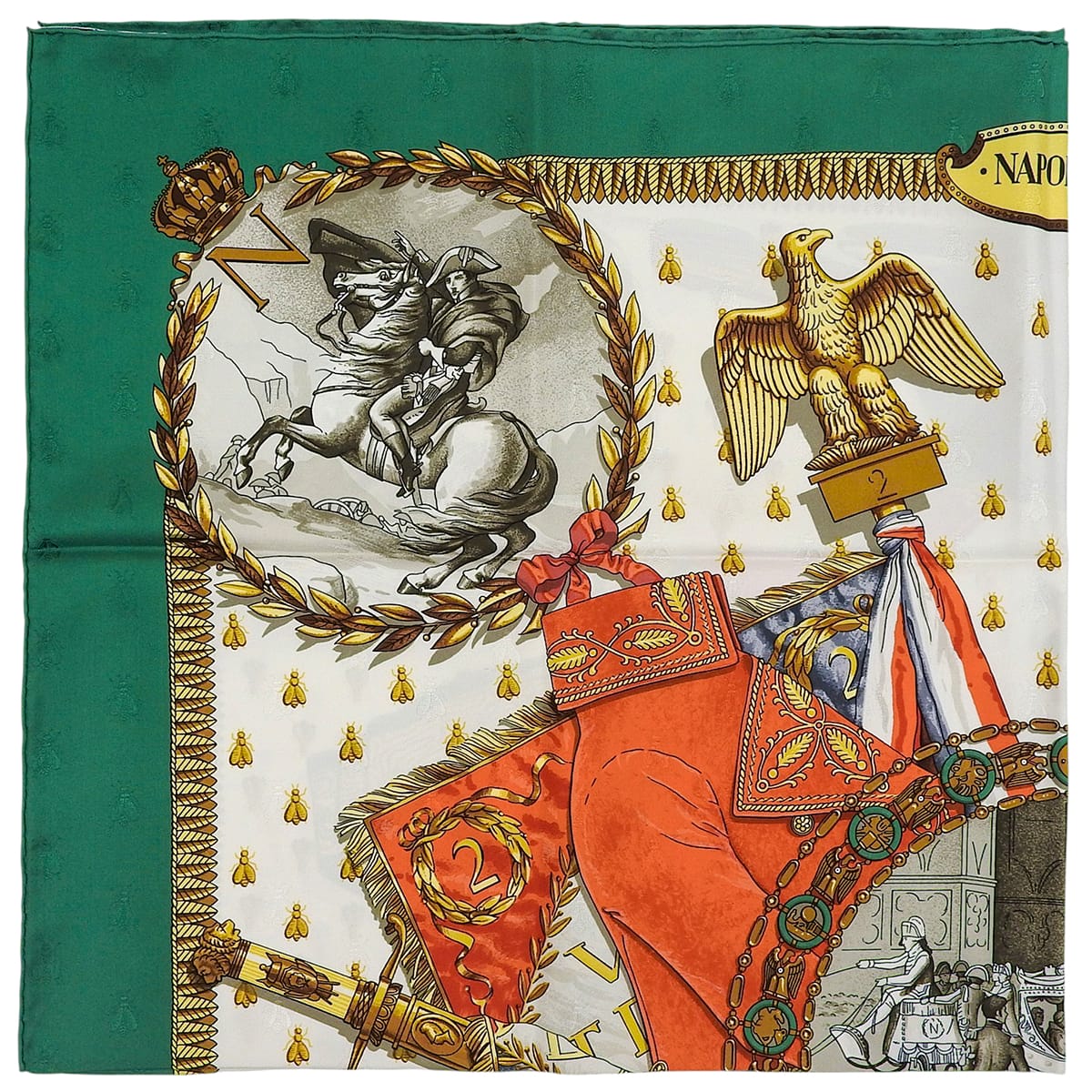 Carré 90 Napoleon Pattern Scarf Green/White