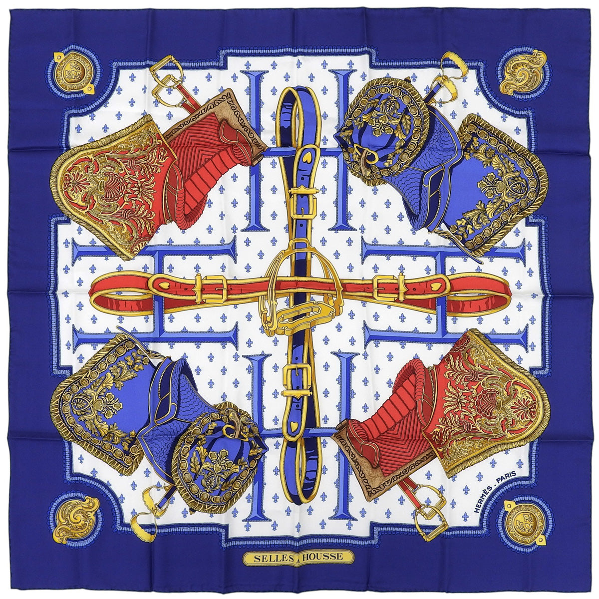 Carré 90 Selles à Housse Pattern Scarf Navy/White