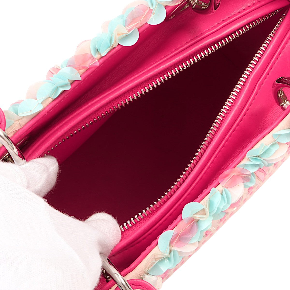 Lady Dior 2-Way Bag M in Pink Tweed with Sequins, Cannage, and Stitching
