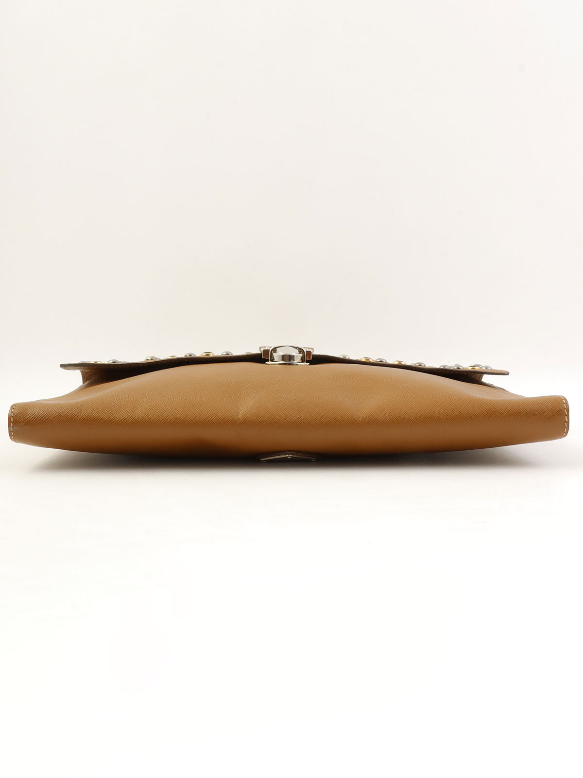 Studded Rhinestone Logo Plate Clutch Bag in Ocher