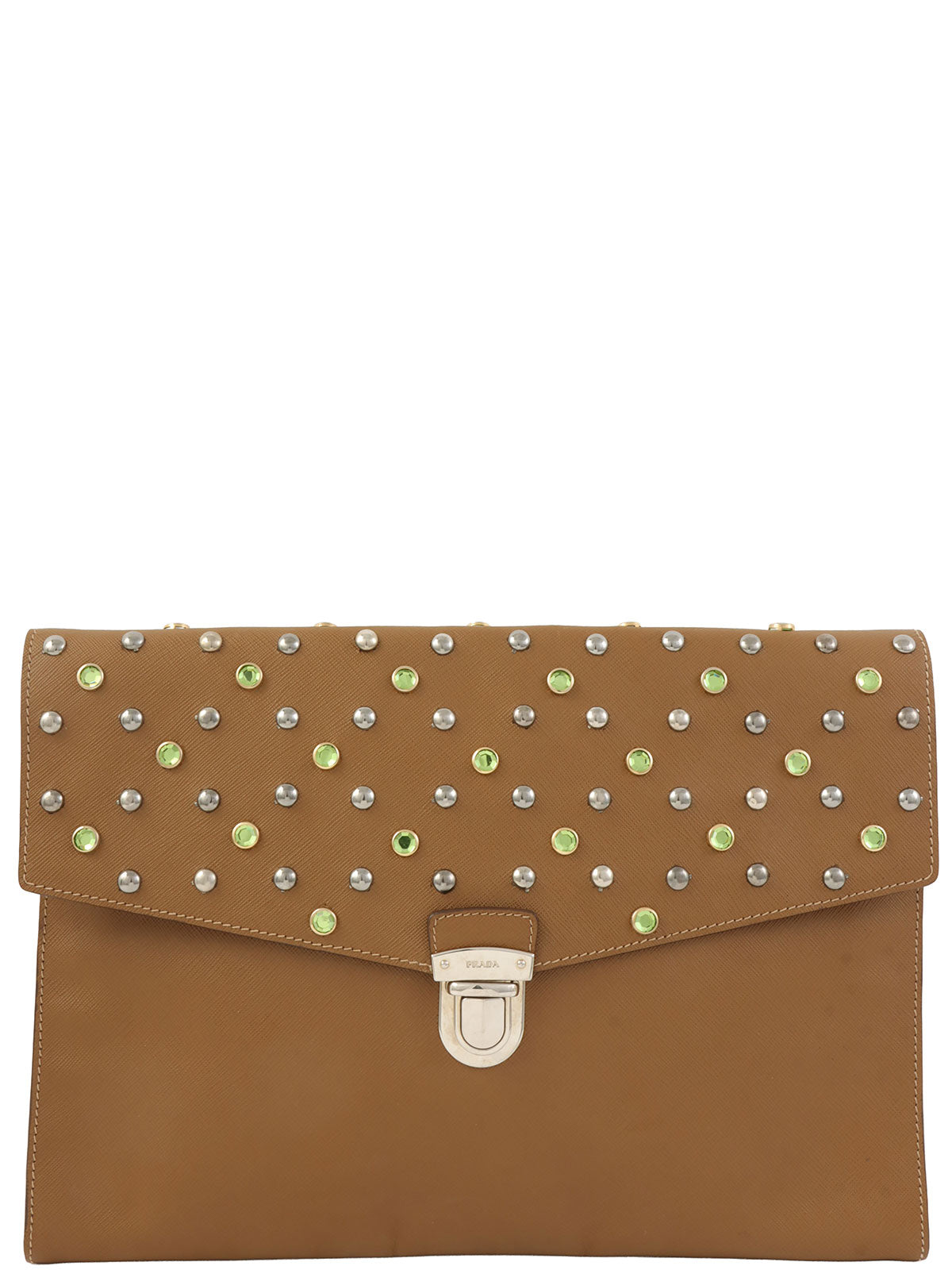 Studded Rhinestone Logo Plate Clutch Bag in Ocher
