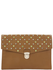 Studded Rhinestone Logo Plate Clutch Bag in Ocher