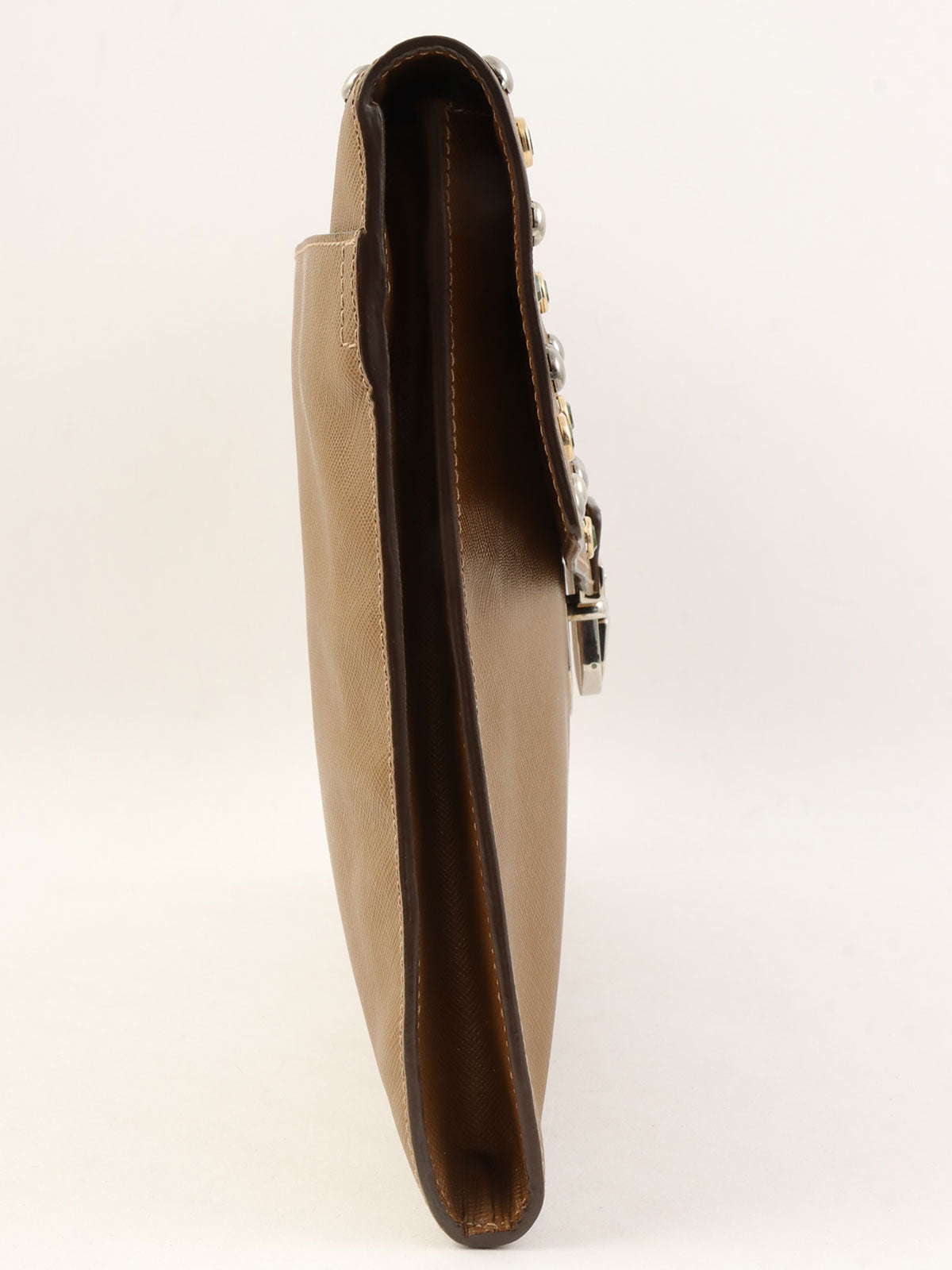 Studded Rhinestone Logo Plate Clutch Bag in Ocher