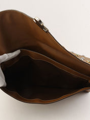 Studded Rhinestone Logo Plate Clutch Bag in Ocher