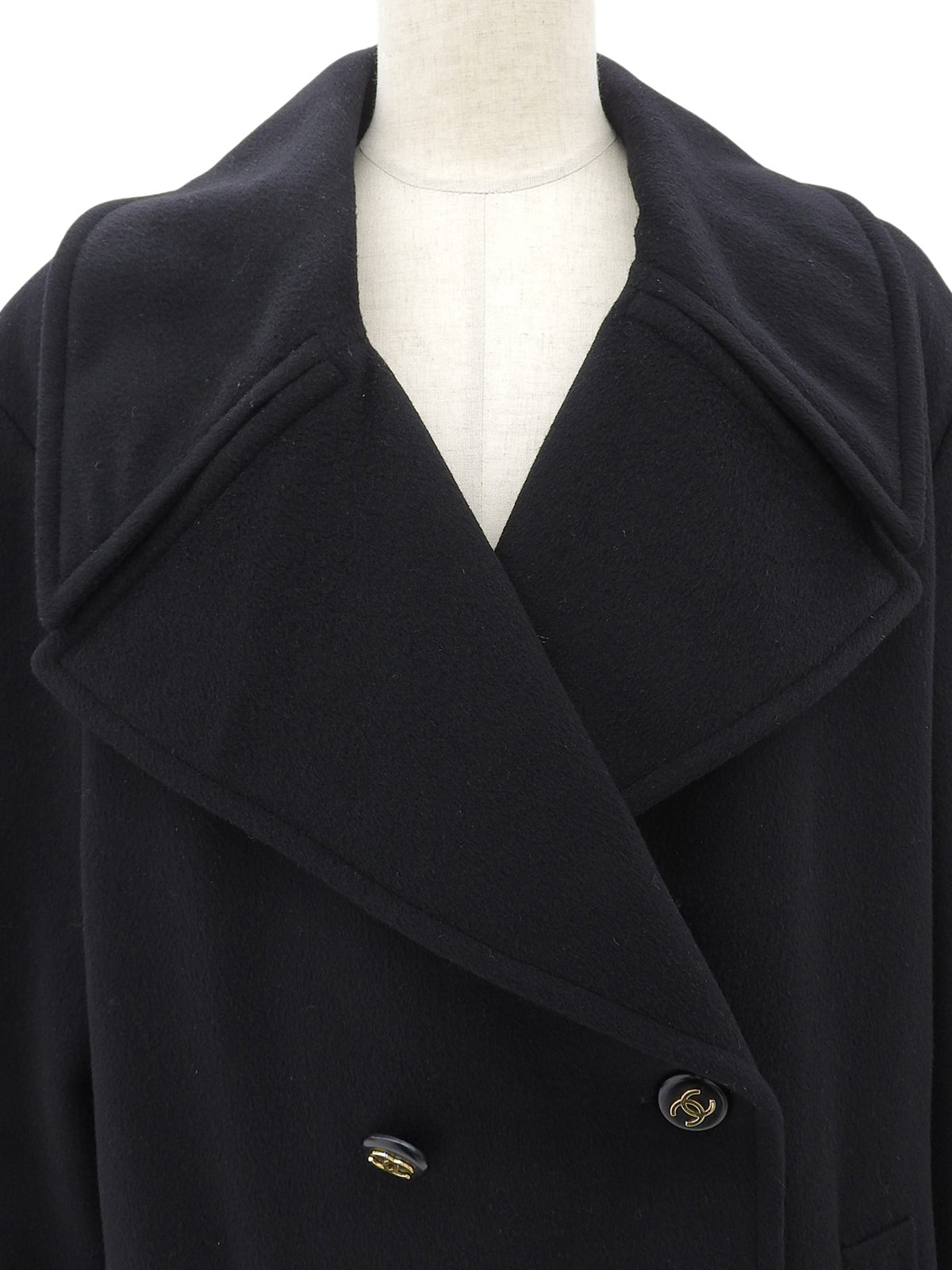 カシミアCCマークボタンダブルブレストロングコート ブラック